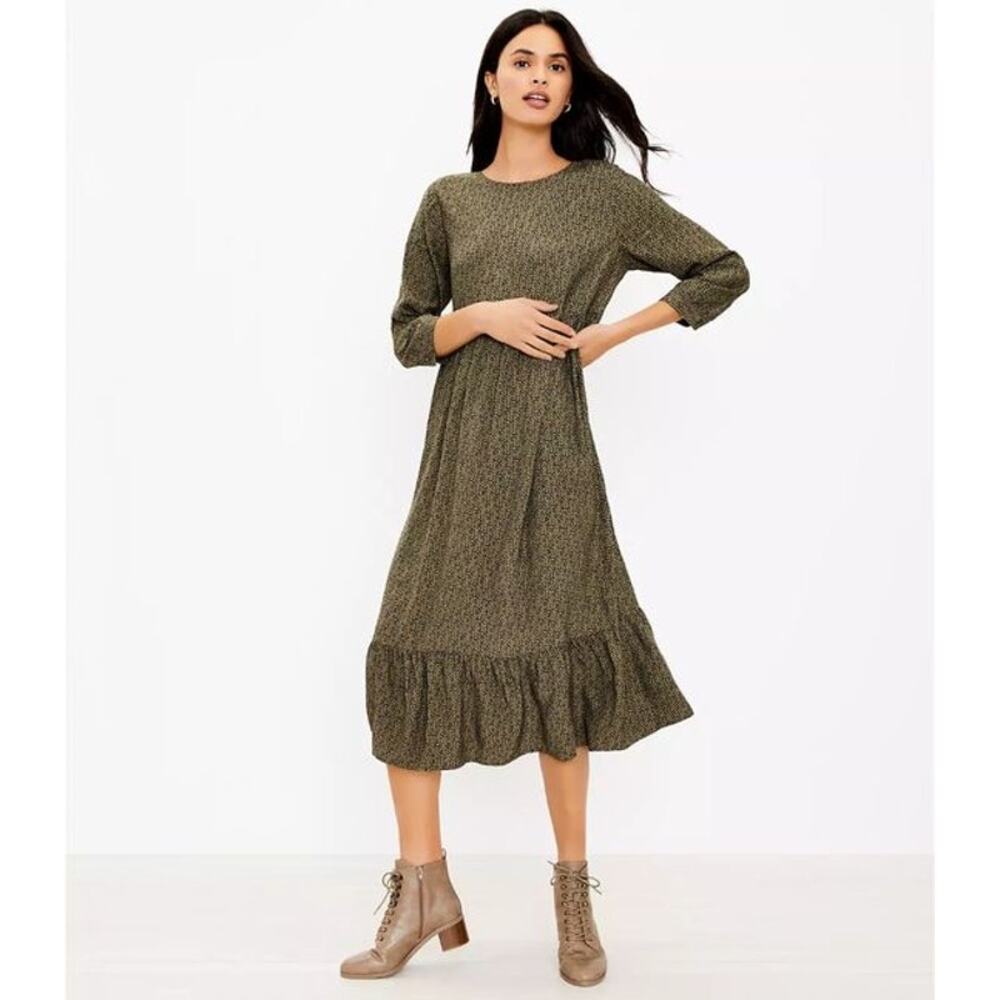 Loft Ann Taylor Dress Women's SZ Large Tall Tiered Midi Olive Green Ditsy Floral